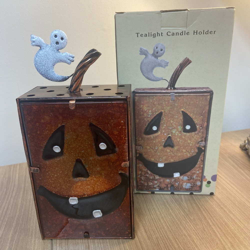 New Halloween Jack O Lantern Tealight Candleholder Metal‎ Cracker Barrel RARE
